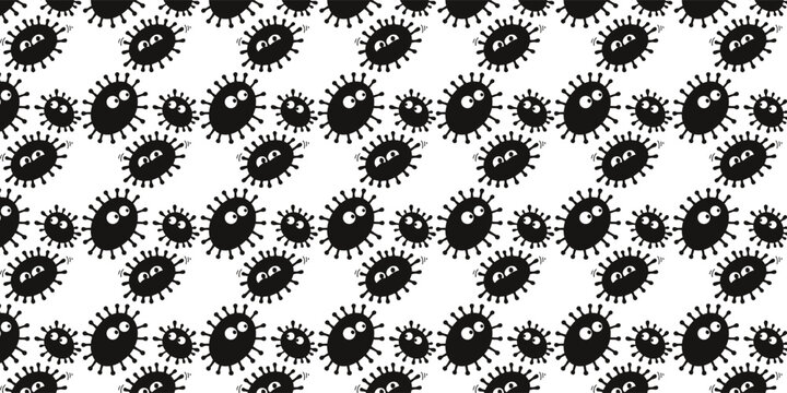 Seamless pattern with black cartoon virus bacteria characters with eyes on white background