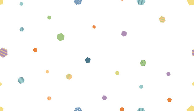 Seamless geometric pattern displays tiny colorful polygons and hexagons scattered playfully on a white background.