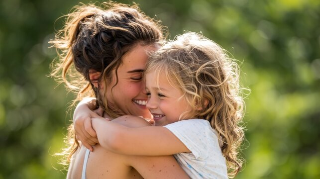Mother and daughter embracing outdoors, sharing a happy and joyful hug, expressing unconditional family love and care in nature