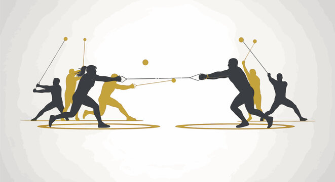 Silhouettes of diverse male and female athletes in black and mustard yellow performing hammer throw, shot put, and resistance cable pulling exercises on light gray background.