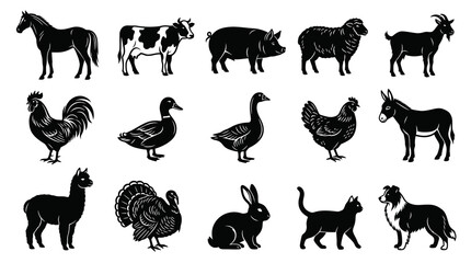 Obraz premium Farm Animals Black and White Vector Icons - Livestock and Pets Collection