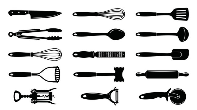 Black  White Glyph Icon Set of Kitchen Utensils and Cooking Tools