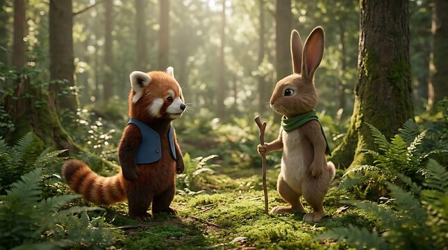 Cute animal friends in a sunlit forest adventure story illustration
