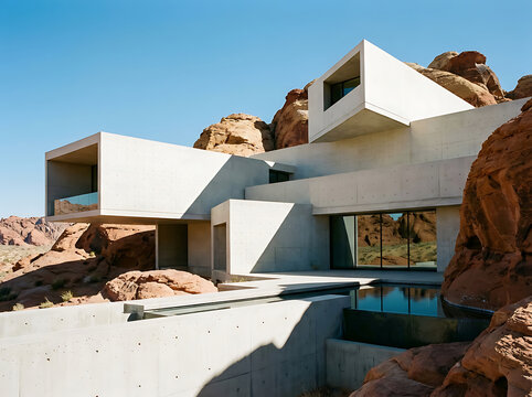 Modern luxury villa in desert landscape. Contemporary concrete architecture. Sustainable home design.