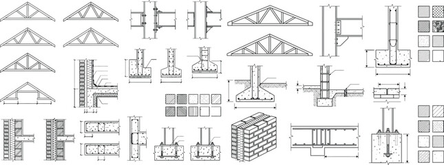 Obraz premium Structural CAD truss and framing symbol set, roof trusses, beams and construction detailing blocks for architectural and engineering drawings