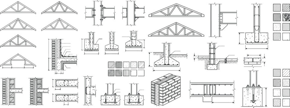 Structural CAD truss and framing symbol set, roof trusses, beams and construction detailing blocks for architectural and engineering drawings