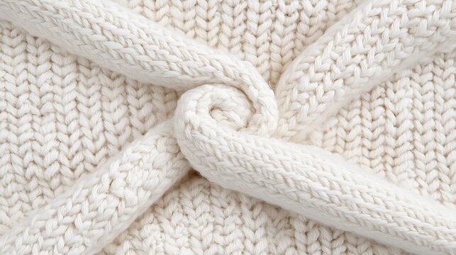Close-Up of Soft White Knit Fabric with Intricate Twisted Design and Texture Details
