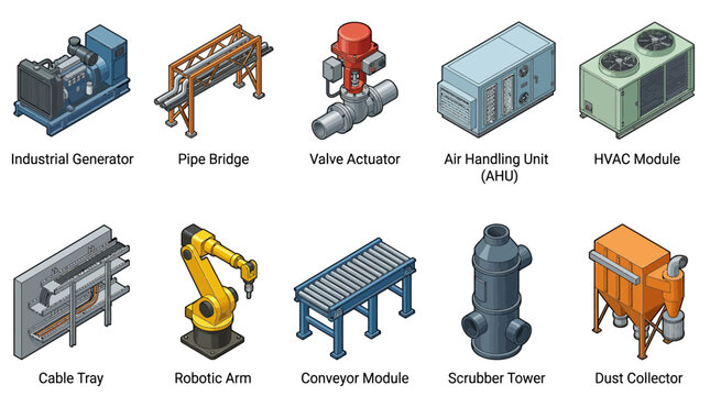 Isometric Industrial Equipment Vector Icon Set Featuring Factory Machinery HVAC Units Robotic Arm Generator Conveyor and Engineering Plant Modules for Business Infographics