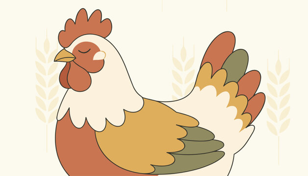 Close up illustration of a cute clucking hen with warm neutral colors and wheat stalks in the soft background.