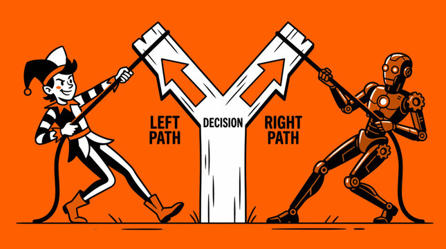A robot and a jester tug on a signpost with left and right path arrows pointing in opposite directions on an orange background with a decision point.