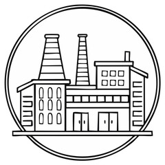 Obraz premium Factory Plant Illustration Inside Circle Industrial Facility Production Building Chimneys Line Art Drawing