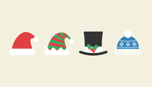 Minimalist illustration of four festive winter hats including Santa hat, elf hat, top hat, and knitted beanie.