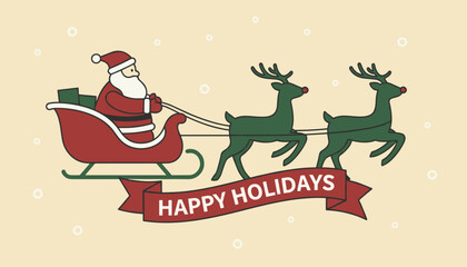 Fototapeta premium Cute cartoon illustration of Santa Claus riding his red sleigh pulled by two reindeer with a Happy Holidays banner.