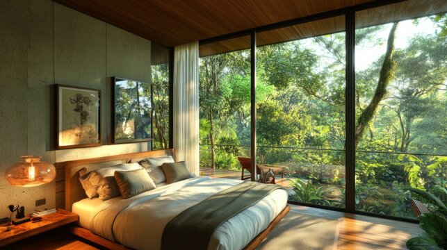 Tropical bedroom, floor-to-ceiling glass walls, jungle views, organic materials generative ai