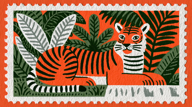 Tiger on a vintage postage stamp amid tropical foliage, bold gouache illustration