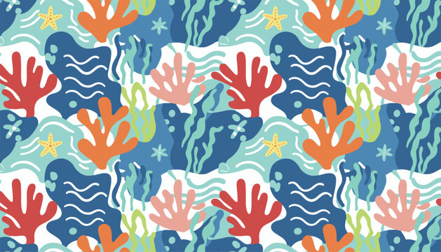 Seamless ocean floor pattern with colorful sea corals, seaweeds, starfish, and waves in blue and orange hues.