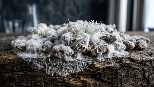 White mycelium fungal growth spreading on organic seeds in a laboratory research setting macro