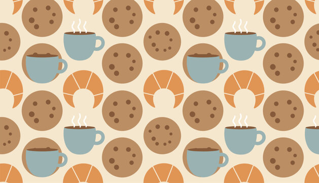 Seamless coffee pattern showing cups of hot brew, round chocolate chip cookies, and French croissants on light background.