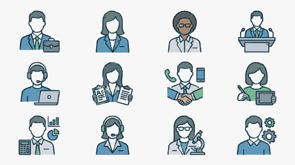 Fototapeta premium Clean Flat Icons Set of Twelve Professional Business and Office Worker Illustrations in Blue Gray Color Palette