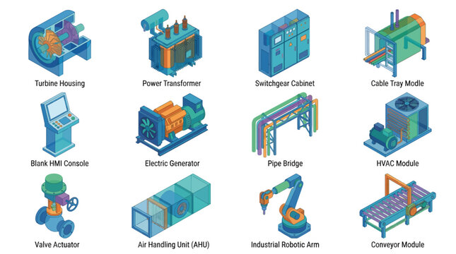 Isometric Industrial Equipment and Factory Machinery Icon Set featuring Turbine, Transformer, Generator, Robotic Arm, and HVAC Vector Illustration for Engineering Presentation Materials