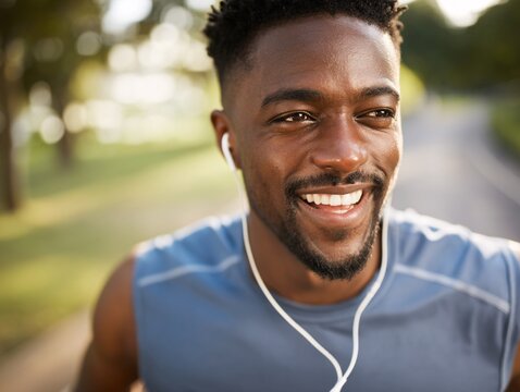A cheerful runner relishing a morning jog amidst the beauty of a picturesque park landscape