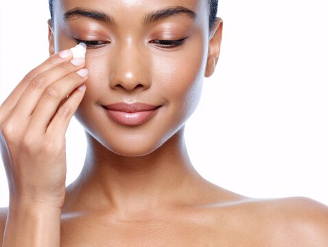 Relaxed woman gently applying eye drops while maintaining a peaceful demeanor during her eye care routine