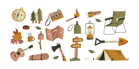 Camping and outdoor adventure equipment set with stipple grain. Retro textured vector illustration of tent, campfire, map, and hiking gear for tour tourism © ngupakarti