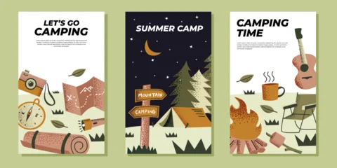 Camping and summer camp vertical banner templates. Retro textured vector illustration with tent, campfire, night forest, and hiking gear © ngupakarti