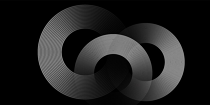 Abstract circle wave lines, gradient light equalizer gold wavy curve. Round frame in luxury golden color isolated on black background. Editable stroke. Vector illustration with copy space
