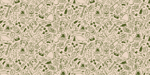 Hand drawn camping and outdoor adventure seamless pattern © ngupakarti