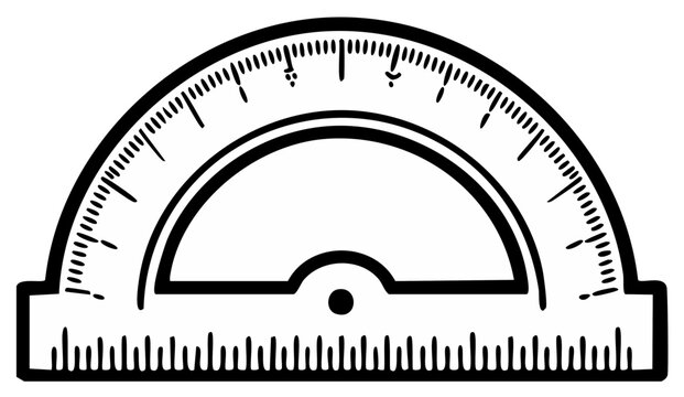 Detailed black and white illustration of a protractor used for geometry and mathematics