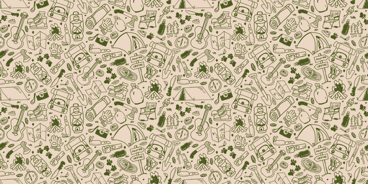Hand drawn camping and outdoor adventure seamless pattern