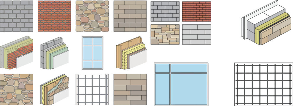 Construction CAD material library, wall section details, brick stone textures and building assembly blocks for architectural drawings