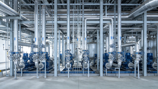 Metal Pipes and Valves in Modern Factory Interior