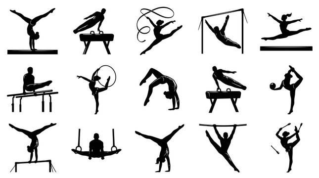 Gymnastics Sports Silhouettes Vector Icons Set. Black  White Athletes on Equipment and Rhythmic Gymnast Glyphs.
