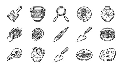 Archaeology Icons: Digging Tools, Fossils, Pottery, Skull, Magnifying Glass © Janganan