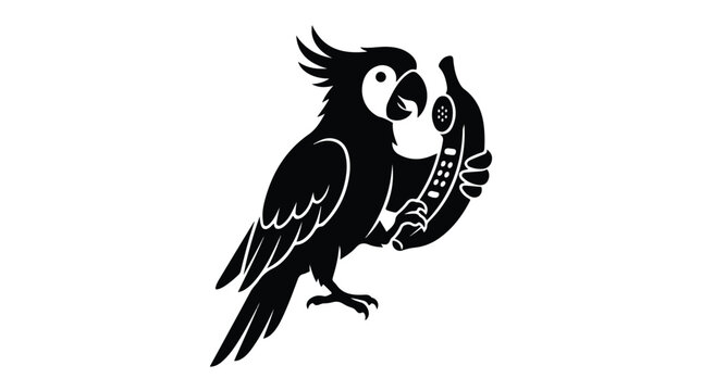 Minimalist parrot logo vector, black cockatoo bird holding banana phone, tropical animal character silhouette for communication branding