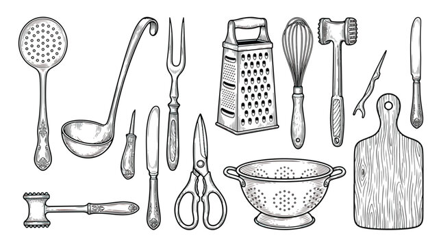 Vintage kitchen utensils collection, hand drawn culinary tools vector set, rustic cooking equipment sketches for restaurant menu design