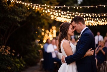 Fototapeta premium Romantic Wedding Couple Dancing Under String Lights