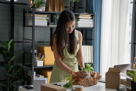 Asian Woman Packing Plants for Online Eco Business