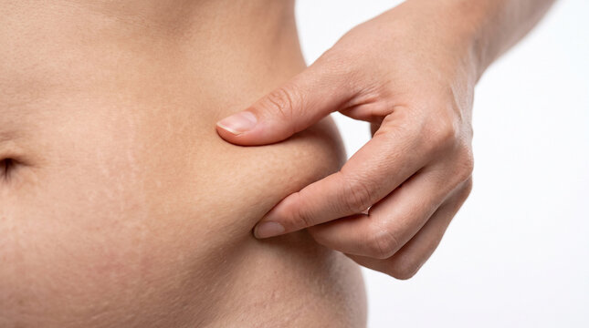 Fingers holding the flabbiness adipose sagging skin stomach with copy space on white background 
