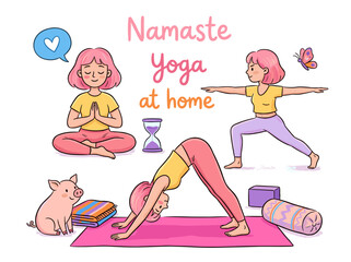Obraz premium Cartoon Illustration of Young Woman Doing Daily Yoga Exercises and Meditation Practice for Wellness and Mindfulness at Home