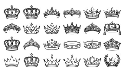 Royal Crown and Tiara Outline Collection Hand Drawn Black and White Vector Illustration © MD. Moniruzzaman
