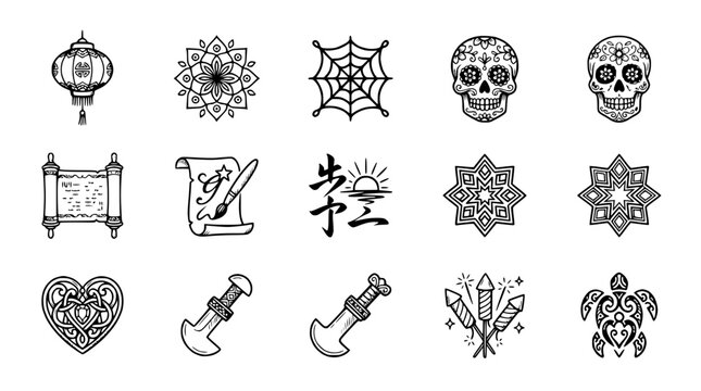 Collection of Hand-Drawn Icons: Lantern, Mandala, Skull, Scroll, Fireworks, Turtle