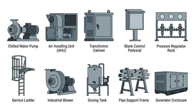 Isometric Industrial HVAC and Mechanical Equipment Icon Set with Chilled Water Pump Air Handling Unit Transformer Cabinet and Generator for Engineering Diagrams and Presentation Materials