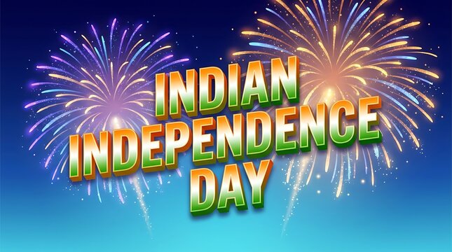 Indian independence day celebration with colorful fireworks on blue background
