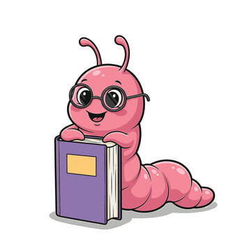 Pink cartoon inchworm character wearing round black eyeglasses leaning on a purple hardcover book, segmented larva mascot illustration isolated on white background.