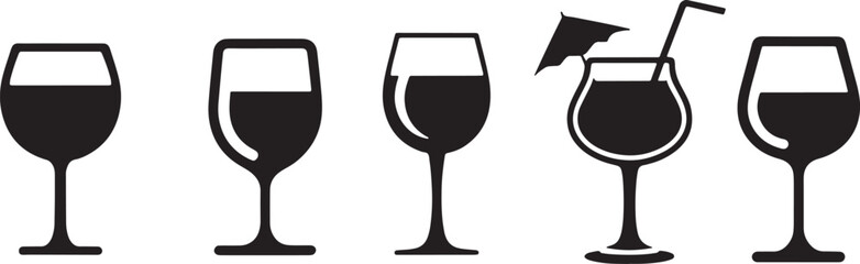 Fototapeta premium Wine glasses and cocktail drink icons silhouette set for bar menu beverage hospitality projects