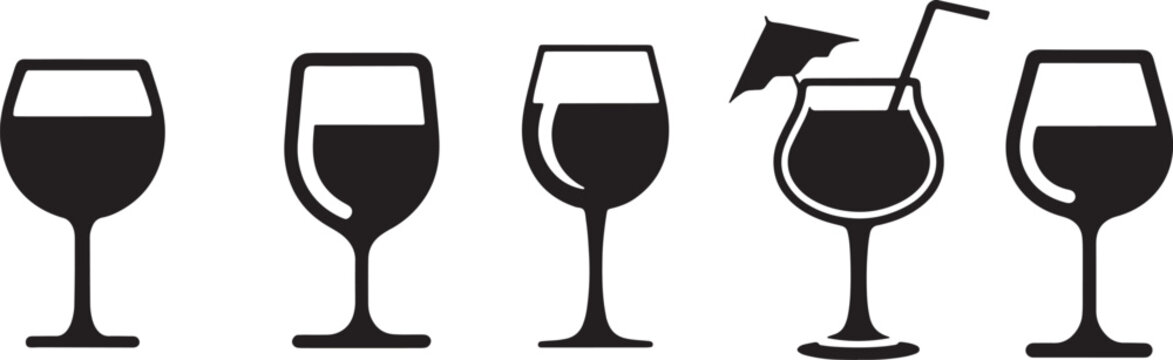 Wine glasses and cocktail drink icons silhouette set for bar menu beverage hospitality projects