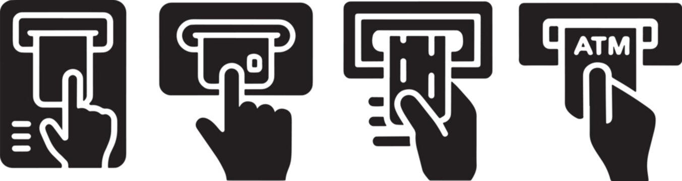 Atm transaction icons set featuring hands inserting cards and withdrawing cash receipts financial and debit card